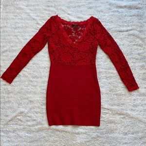 Bebe Bandage & Lace Body Con Long Sleeve Dress